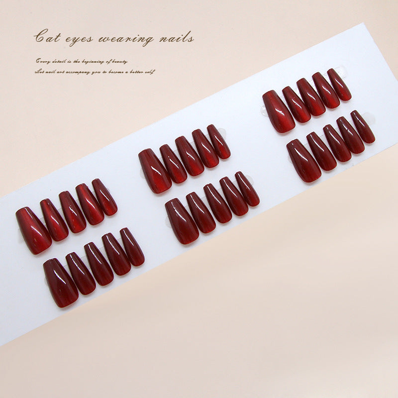 Mystical Glamour Long Coffin Deep Red Cat Eye Press On Nail Set for Dazzling Manicure Transformations