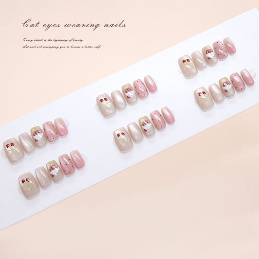 Whimsical Feline Touch Short Square Pink Cat Eye Press on Nail Set with Charming Fruit Illustrations
