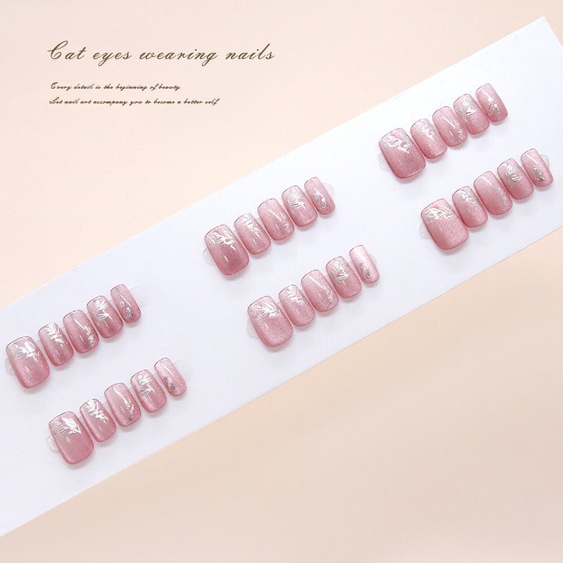 Enchanting Beauty Short Square Pink Press On Nails with Iridescent Floral Design