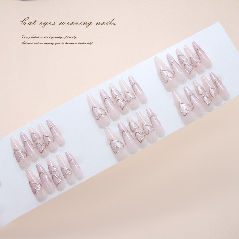 Whimsical Elegance Long Almond Pink Press On Nail Set with Heart and Cat Eye Design