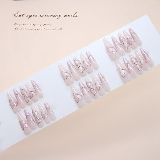 Whimsical Elegance Long Almond Pink Press On Nail Set with Heart and Cat Eye Design