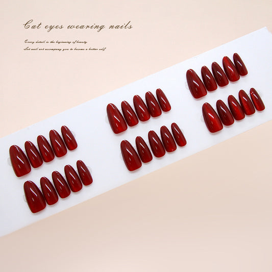 Mystical Cat Eye Elegance Long Almond Red with Reflective Finish Press on Nail Set