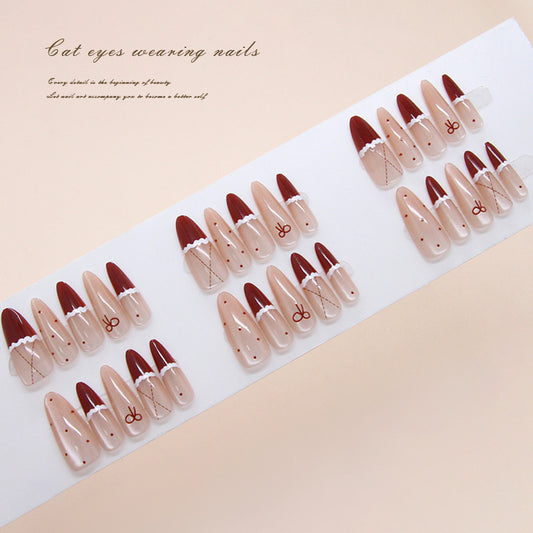 Charming Elegance Long Almond Shaped Burgundy and Beige Press On Nail Set with Delicate Details