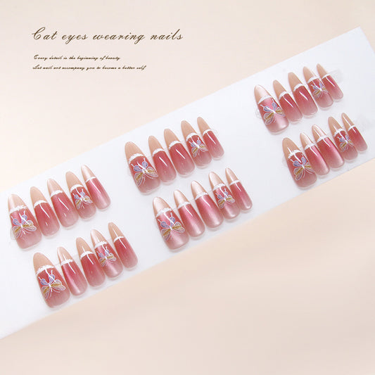 Enchanting Elegance Long Almond Pink Gradient Press On Nail Set with Floral Accents