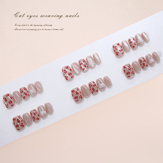 Whimsical Cat Eyes Short Square Beige with Red Spots and Elegant Butterfly Design Press-On Nail Set