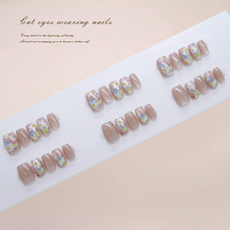 Spring Bliss Natural Beige Floral Design Short Square Press On Nail Set