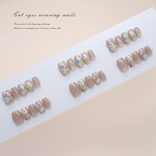 Spring Bliss Natural Beige Floral Design Short Square Press On Nail Set