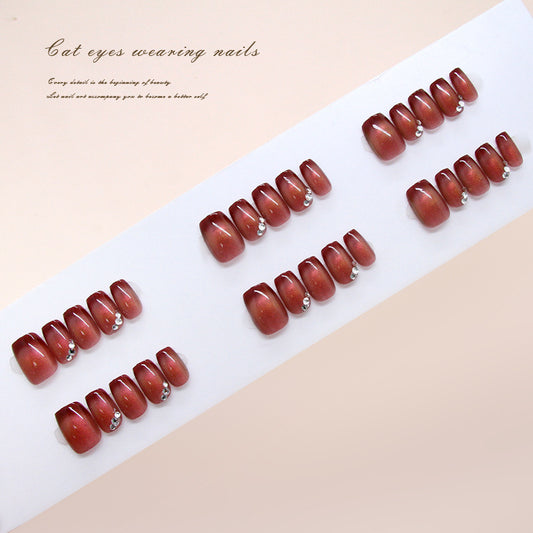 Mystical Cat Eye Charm Short Square Red Gradient Press On Nail Set with Elegant Rhinestone Accents