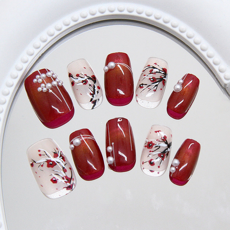 Cherry Blossom Elegance Medium Square Burgundy and Cream Press-On Nail Set with Pearl Accents