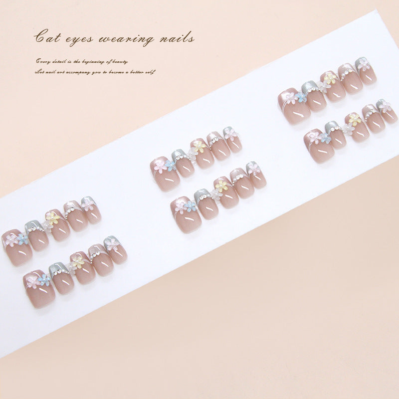 Floral Serenity Medium Square Beige Press-On Nail Set with Cat Eye Glitter Accents