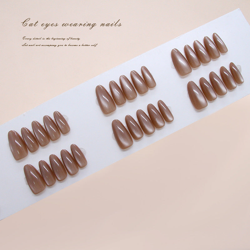Mystical Elegance Long Almond Shaped Brown Cat Eye Press On Nail Set with Stunning Shimmer Finish