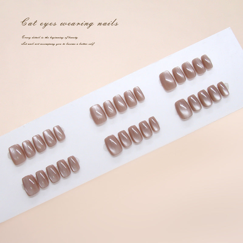 Enchanted Elegance Medium Square Soft Brown Cat Eye Shine Press On Nail Set