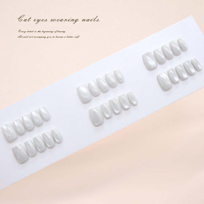 Chic Elegance Glossy White Medium Square Press On Nails with Captivating Cat Eye Effect