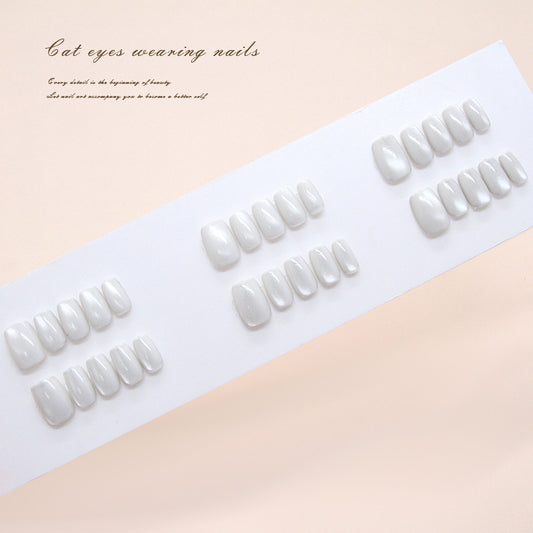 Chic Elegance Glossy White Medium Square Press On Nails with Captivating Cat Eye Effect