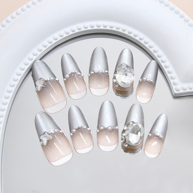 Elegant Silver Medium Almond Press On Nail Set with Gradient Ombre Finish and Gemstone Accents