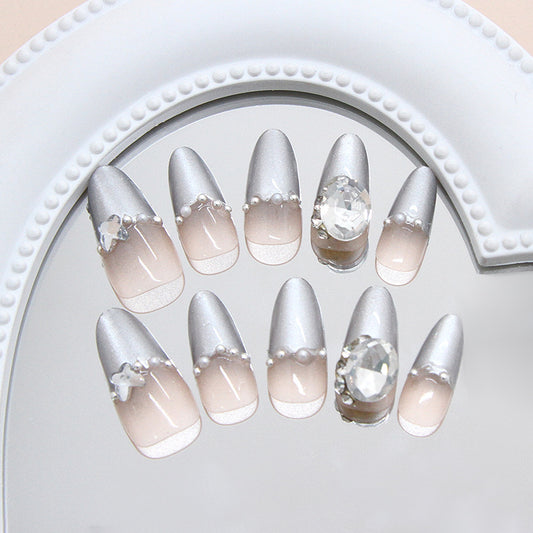 Elegant Silver Medium Almond Press On Nail Set with Gradient Ombre Finish and Gemstone Accents