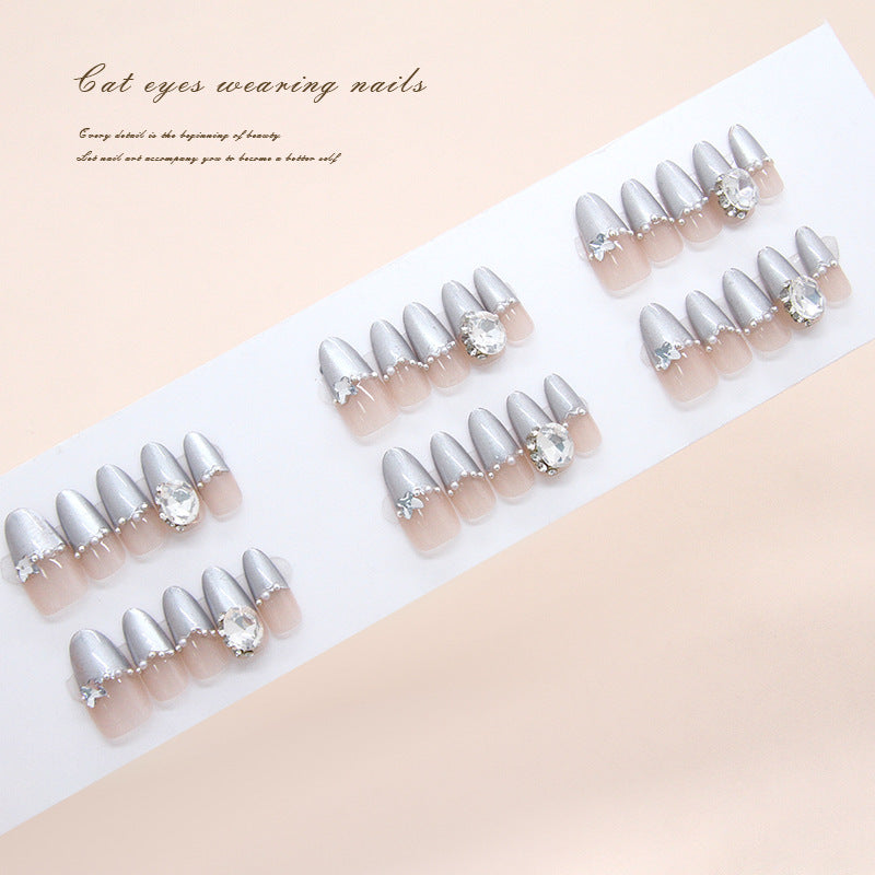 Mystical Glamour Medium Almond Silver Ombre Press-On Nail Set with Sparkling Rhinestones