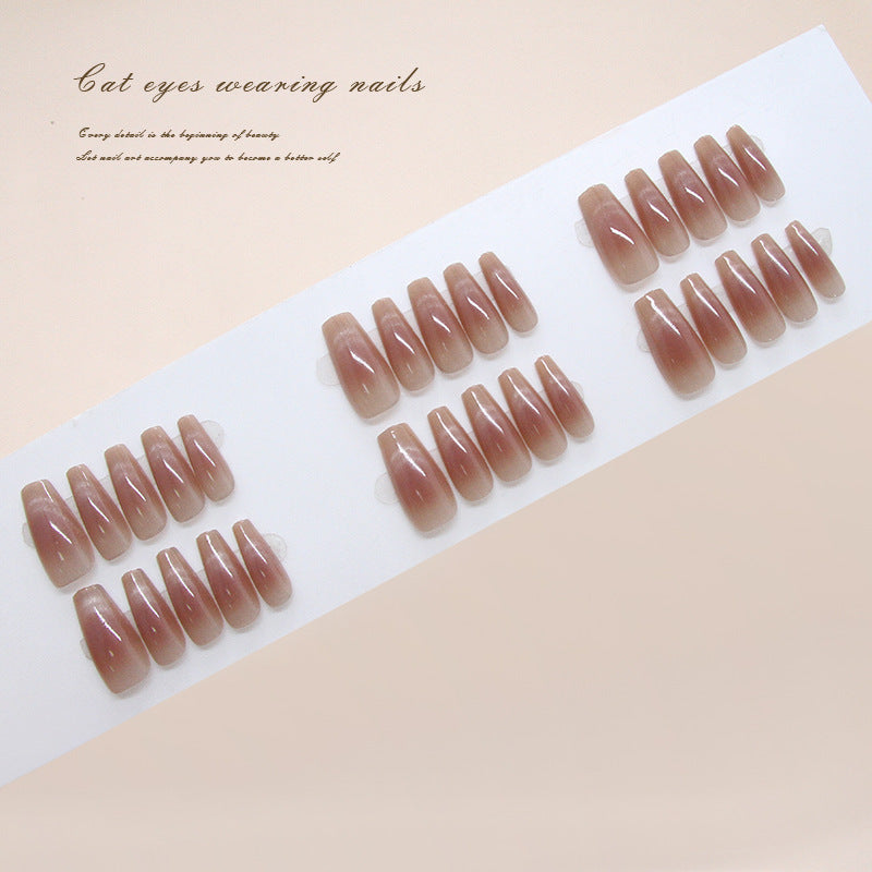 Cat Eye Charm Long Coffin Cat Eye Effect Pink Press On Nail Set