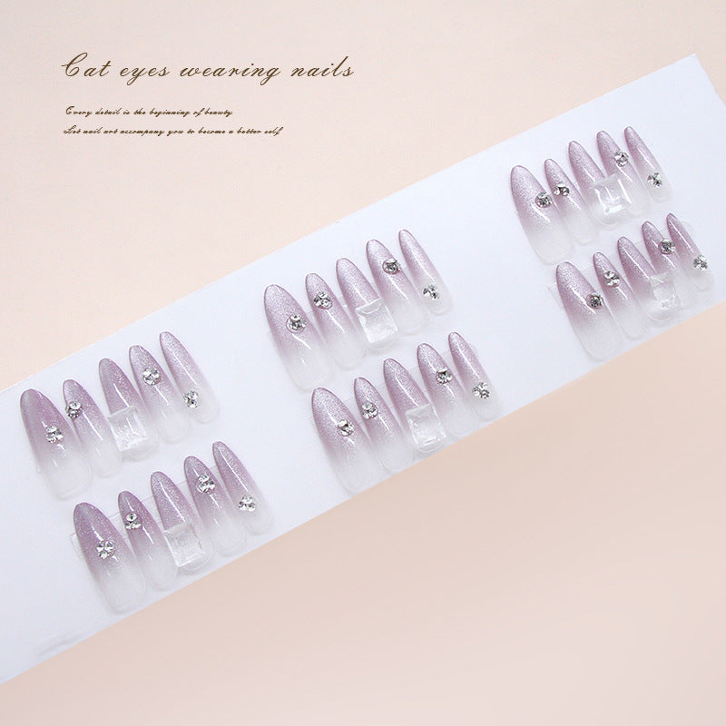 Enchanting Elegance Long Almond Shape Soft Lilac Color With Eye-Catching Rhinestone Accents Press On Nail Set