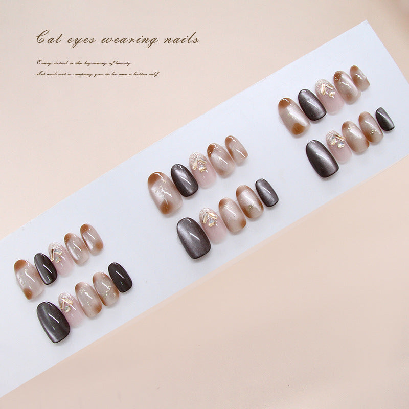 Enchanting Elegance Cat Eye Ombre Short Oval and Square Glossy Brown and Beige with Unique Floral Detailing Press On Nail Set