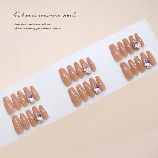 Mystical Elegance Long Coffin Beige Nails with Dazzling Rhinestones