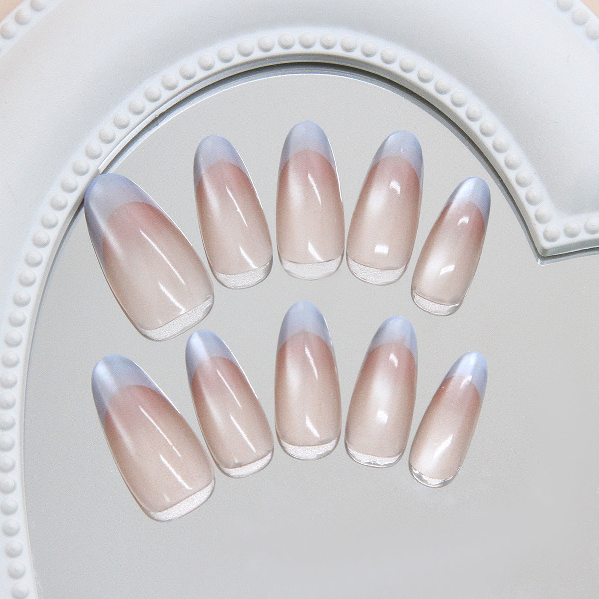 Elegant Dream Ombre Long Almond Beige Pink with Glossy French Tip Press on Nail Set
