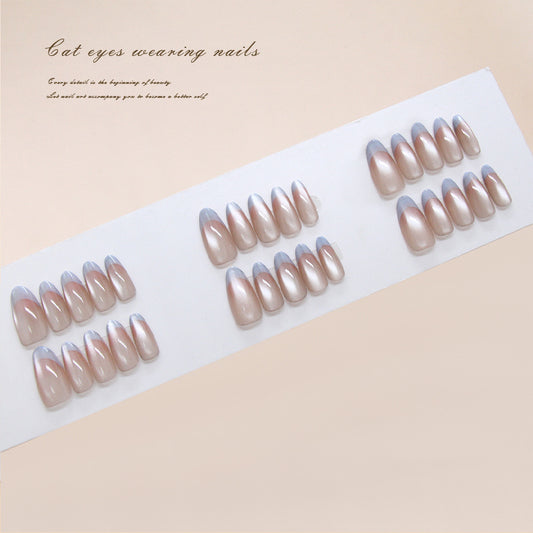 Enchanting Cat Eye Inspired Long Almond Shaped Soft Peach Color with Iridescent Finish Press On Nail Set