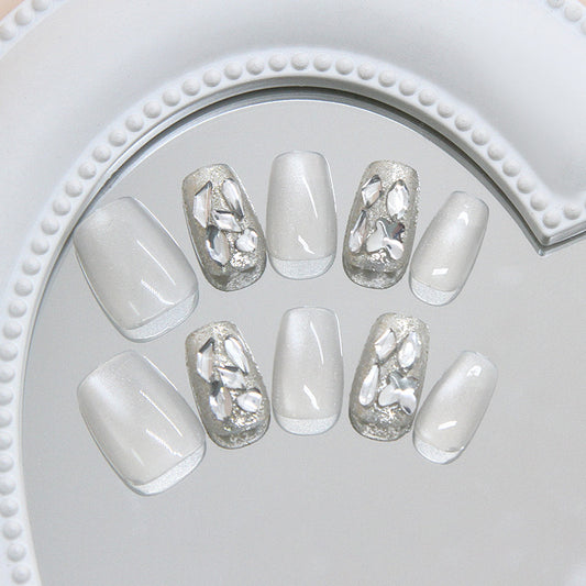 Elegant Winter Wonderland Medium Coffin Long Square White Press on Nail Set with Glittering Gem Accents