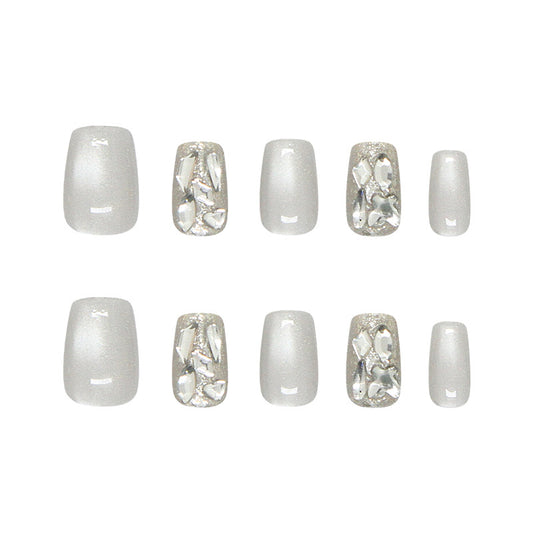 Glistening Winter Wonderland Medium Coffin Press-On Nail Set with Shimmering Silver Accents