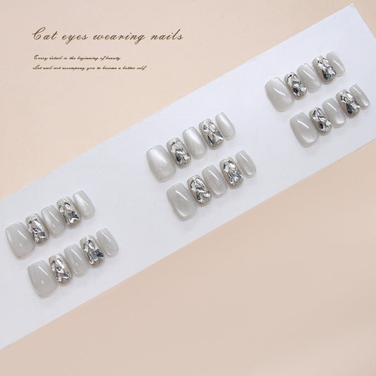 Elegant Dream Cat Eye Medium Coffin Press-On Nails in Soft Gray with Glittering Gem Accents