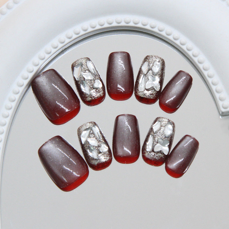 Glamorous Elegance Medium Coffin Burgundy Ombre with Sparkling Embellishments Press On Nail Set