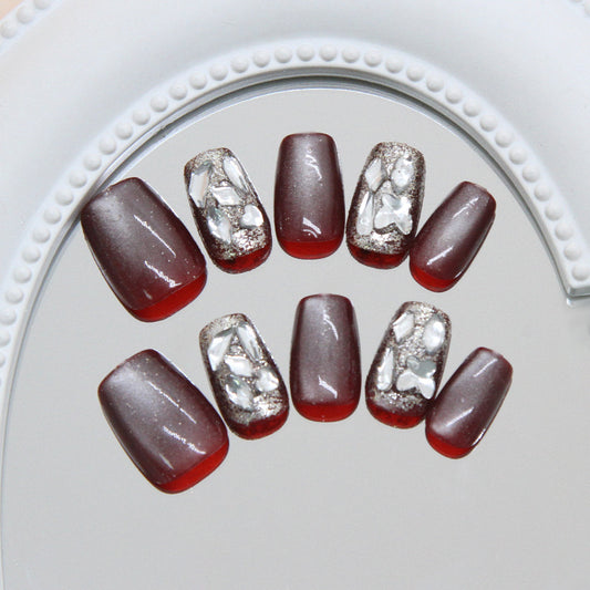 Glamorous Elegance Medium Coffin Burgundy Ombre with Sparkling Embellishments Press On Nail Set