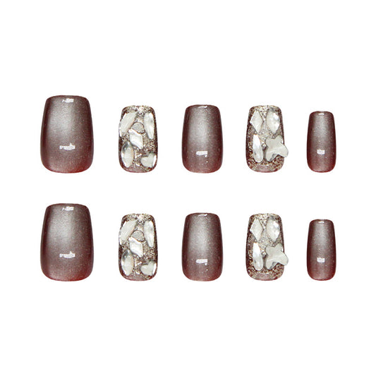 Glamorous Elegance Deep Burgundy Medium Coffin Shape with Sparkling Rhinestone Accents Press on Nail Set