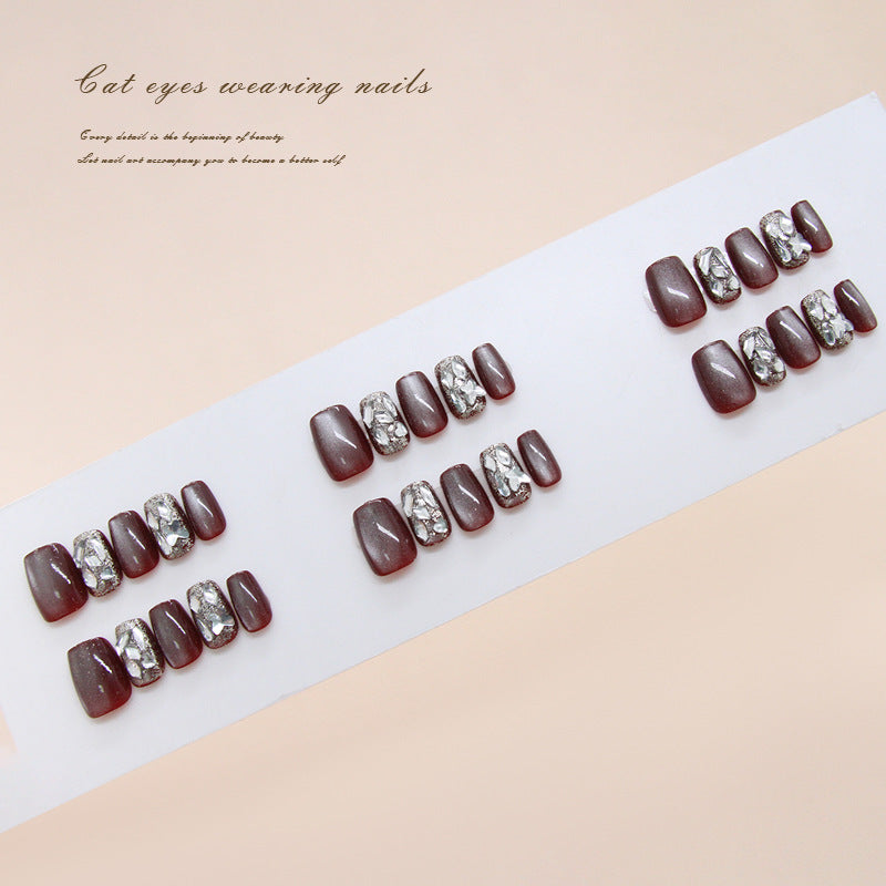 Elegant Charm Glossy Medium Coffin Burgundy Press On Nail Set with Sparkling Cat Eye Accents