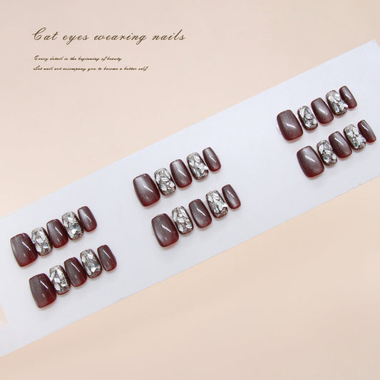 Elegant Charm Glossy Medium Coffin Burgundy Press On Nail Set with Sparkling Cat Eye Accents