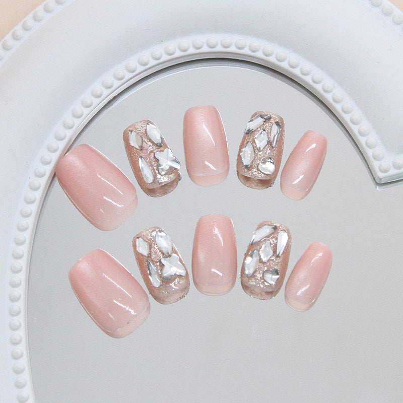 Whimsical Elegance Medium Coffin Blush Pink with Dazzling Gemstone Accents Nail Set