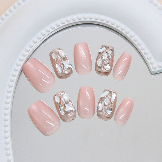 Whimsical Elegance Medium Coffin Blush Pink with Dazzling Gemstone Accents Nail Set
