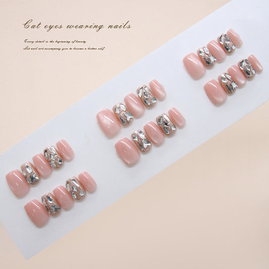 Enchanting Elegance Cat Eye Medium Coffin Blush Pink with Glittering Accents Press On Nail Set