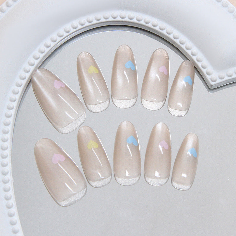 Charming Hearts Natural Long Almond Beige Press-On Nail Set with Colorful Heart Accents