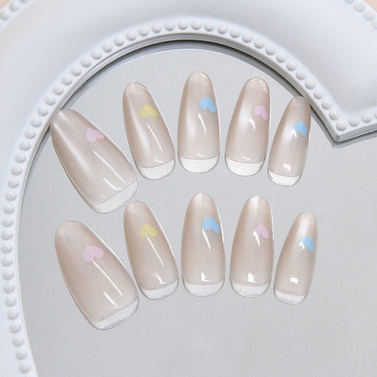 Charming Hearts Natural Long Almond Beige Press-On Nail Set with Colorful Heart Accents