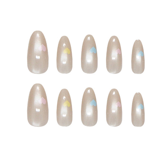 Whimsical Love Heart Long Almond Beige Press On Nail Set with Colorful Heart Accents