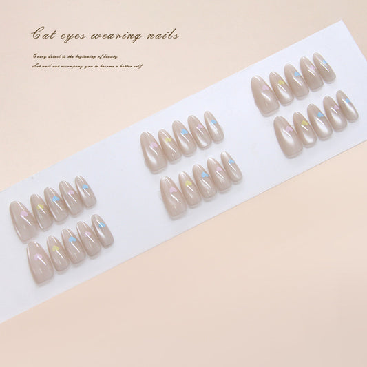 Enchanted Cat Eye Long Almond Shaped Beige Press On Nails with Iridescent Accents