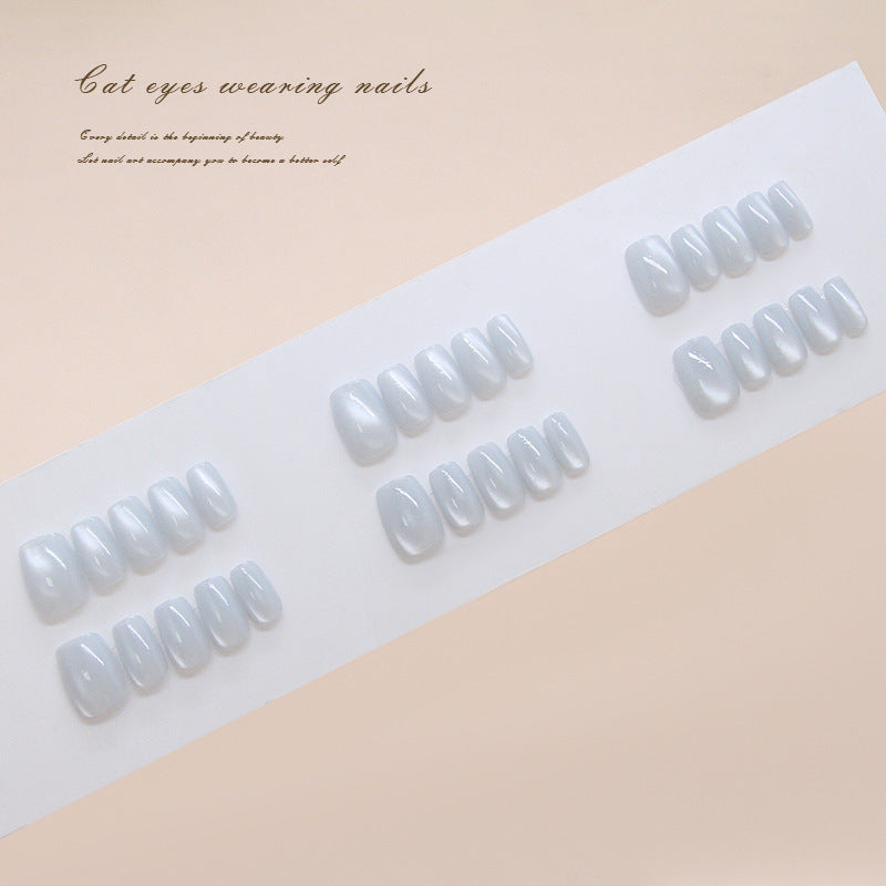 Mystical Elegance Medium Coffin Sky Blue Cat Eye Press-On Nail Set with Iridescent Shine