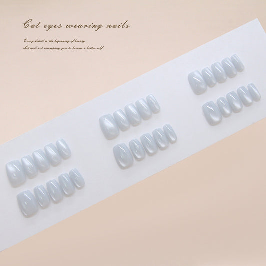 Mystical Elegance Medium Coffin Sky Blue Cat Eye Press-On Nail Set with Iridescent Shine