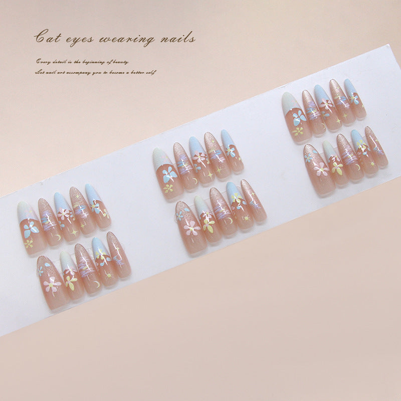 Dreamy Floral Fantasy Long Almond Shape Translucent Pink with Iridescent Flower Accents Press on Nail Set
