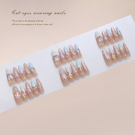 Dreamy Floral Fantasy Long Almond Shape Translucent Pink with Iridescent Flower Accents Press on Nail Set