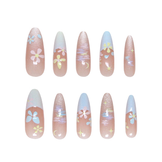 Whimsical Blooming Elegance Long Almond Pink and Blue Floral Design Press On Nail Set