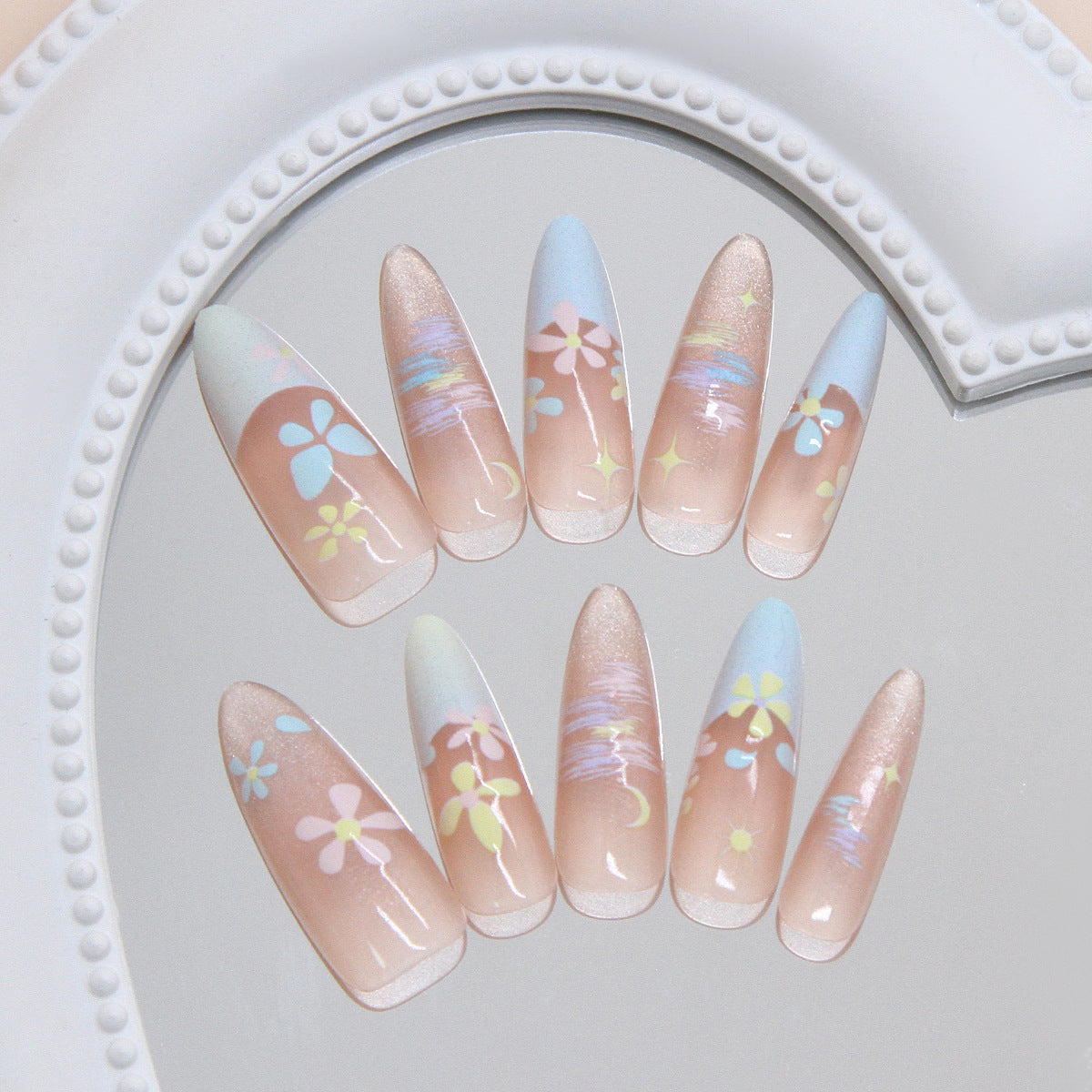 Floral Dream Long Almond Shaped Soft Pink With Blue Tips and Pastel Flower Accents Press-On Nail Set