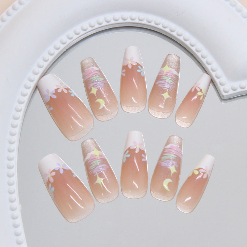 Dreamy Sunset Elegance Long Coffin Beige Pink Press on Nail Set with Pastel Floral and Celestial Design