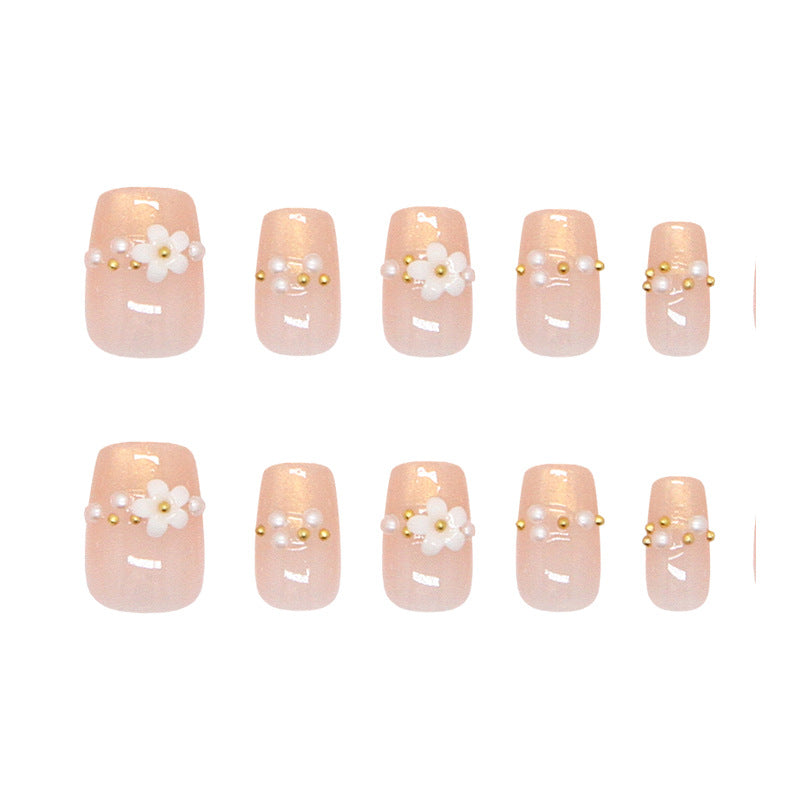 Blossom Delight Elegant Medium Coffin Charming Beige Press-On Nail Set with Floral and Pearl Accents